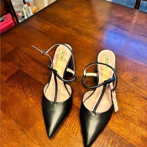 Deltan Black Pointed T-Strap Slingback Heels